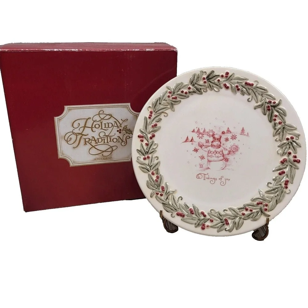 Amscan Holiday Traditions Plate Cream Snowman Tidings of Joy Christmas Tablewear